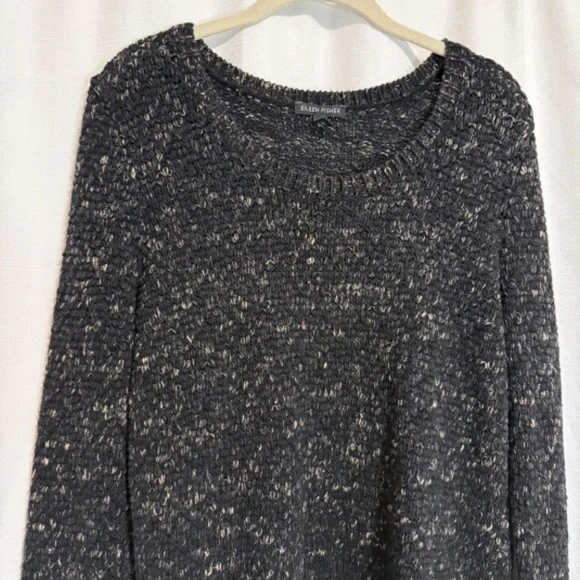 Eileen Fisher Black and Tan Knit Pullover Cotton and Linen Blend Sweater Size M